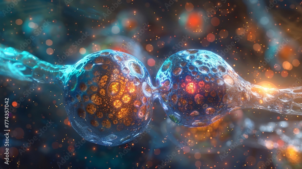 Poster two glowing spheres are floating in space, surrounded by a blue and orange background. the spheres a