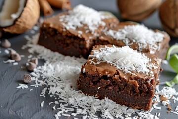 Coconut flakes baked into delicious brownies - obrazy, fototapety, plakaty