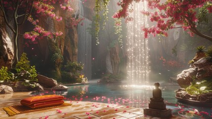 A serene and peaceful scene with a waterfall and a small statue of Buddha. The waterfall is surrounded by lush greenery and a red pillow is placed on the ground nearby. Scene is calm and tranquil
