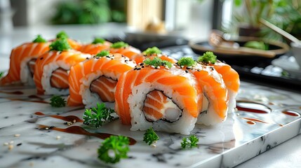 Japanese sushi and rolls on a light stone background. Banner, menu, food advertising.