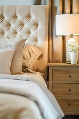 Nahaufnahme eines Nachttisches neben dem Bett mit beiger Bettwäsche. Französisches Landhaus-Innendesign eines modernen Schlafzimmers - obrazy, fototapety, plakaty