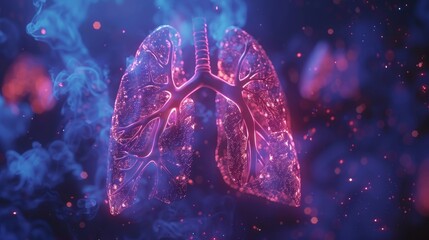A close up of a red and blue lung with smoke surrounding it. The lung is surrounded by a blue and purple background