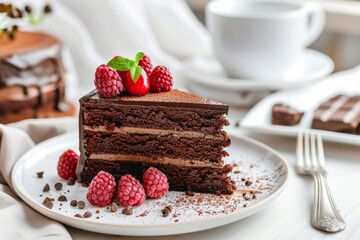 Chocolate cake on plate on table with light background