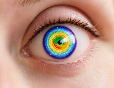 An artistic representation of an eye with a brightly colored spiral pattern on the iris, suitable for abstract and conceptual art themes