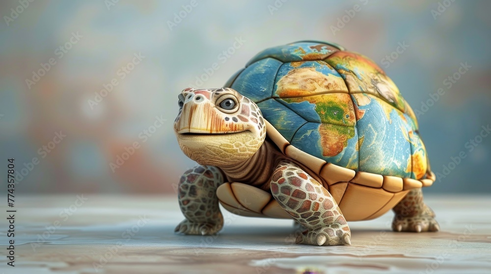 Poster a turtle with a blue shell and a green and brown body. the turtle is smiling and looking at the came