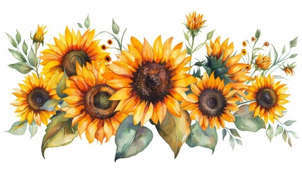 Charming Sunflower Bouquet Watercolor Cartoon Illustration on White Background Generative AI