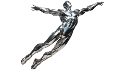 A silver man soaring through the sky in a graceful flight