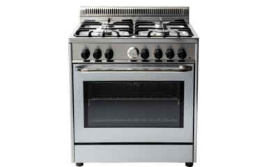A sleek silver stove top oven with four glowing burners ready for cooking