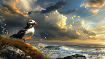Puffin on the cliff, ocean on the background - obrazy, fototapety, plakaty