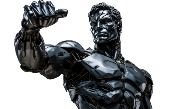 A man in a suit stands with his hands raised in a surrendering gesture