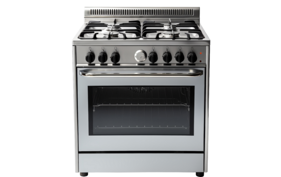 A sleek silver stove top oven with four glowing burners ready for cooking
