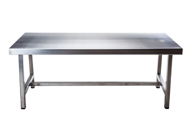 A sleek stainless steel table shines brightly against a clean white background