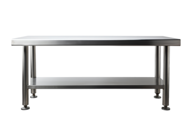 A stainless steel table featuring a pristine white top, blending purity with industrial elegance