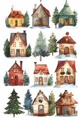 Charming Watercolor Christmas House Collection on White Background Generative AI