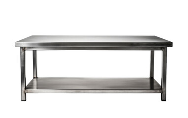 A sleek stainless steel table stands gracefully on a pristine white background