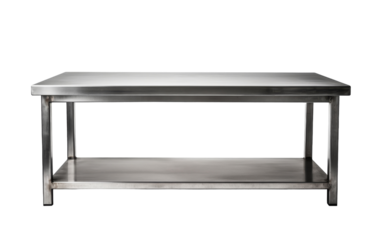 A sleek stainless steel table stands gracefully on a pristine white background