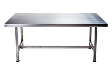 A gleaming stainless steel table stands alone on a pristine white background