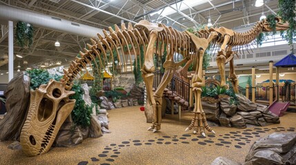 Dinosaur Jungle Gym A prehistoric playground filled with towering dinosaur skeletons fossilized footprints and climbing vines  AI generated illustration