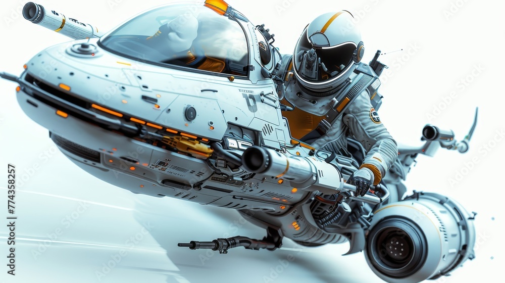 Poster a man in a spacesuit is flying a spaceship. the spaceship is white and orange. the man is wearing a 