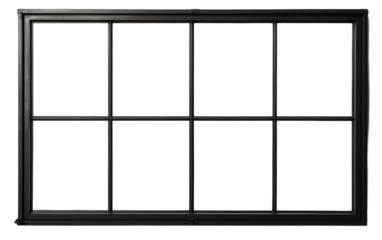 A black window stands out against a white background in a bold and striking contrast