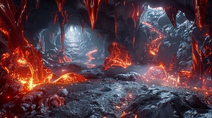 Dragons Lair A fantastical D cavern inhabited by fierce dragons glowing crystals and bubbling lava pools  AI generated illustration - obrazy, fototapety, plakaty