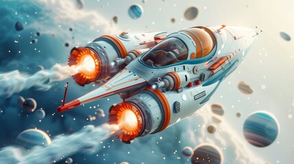 A spaceship is flying through space with a bunch of planets in the background. The spaceship is orange and white and has a red engine