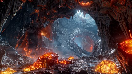 Dragons Lair A mythical cavern deep within the mountains with glowing crystals bubbling lava pools and fearsome dragons  AI generated illustration