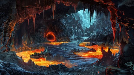 Dragons Lair A hidden cave deep within the mountains with glowing crystals bubbling lava pools and fearsome dragons guarding  AI generated illustration - obrazy, fototapety, plakaty