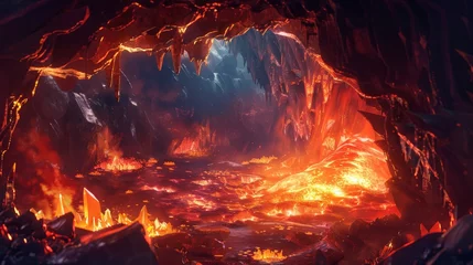 Foto op Plexiglas Dragons Lair A mythical cavern deep within the mountains with glowing crystals bubbling lava pools and fearsome dragons  AI generated illustration © Olive Studio