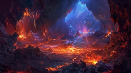 Dragons Lair A mythical cavern deep within the mountains with glowing crystals bubbling lava pools and fearsome dragons AI generated illustration - obrazy, fototapety, plakaty