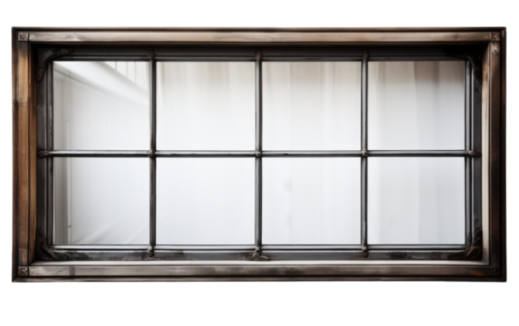 A window with a metal frame and glass panes reflecting natural light, creating a captivating spectacle of shadows and brightness