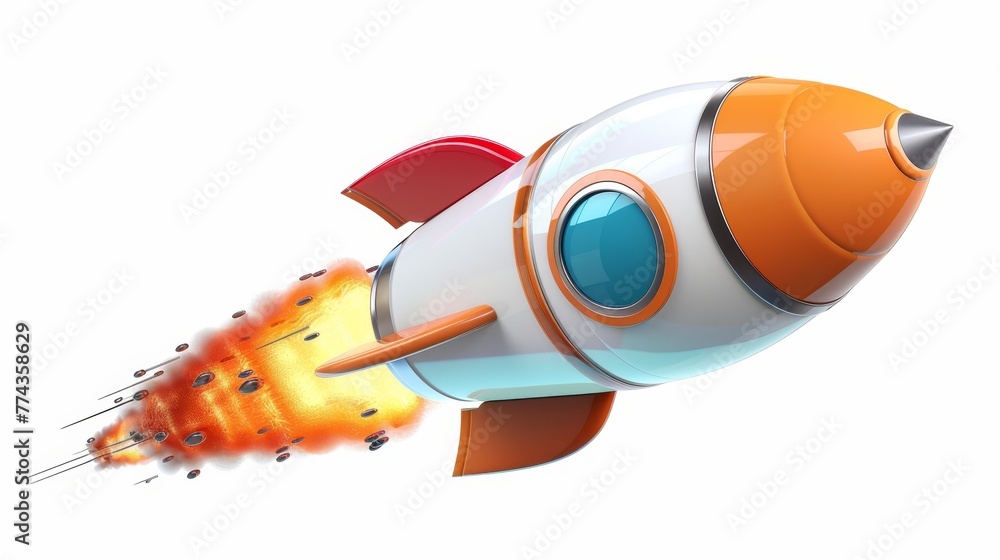 Poster a rocket is flying through space with a bright orange and white color scheme. the rocket is surround