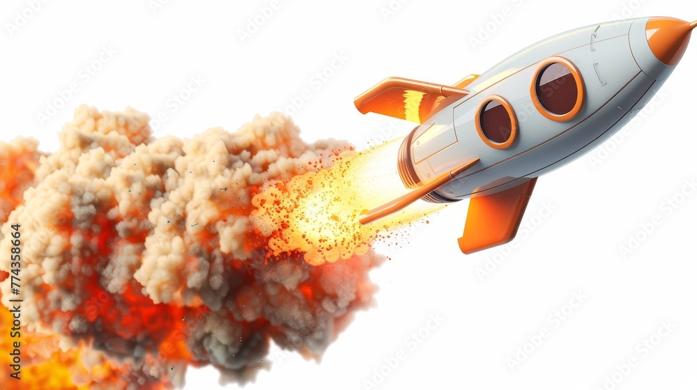 Poster a rocket is flying through a cloud of smoke and fire. the rocket is orange and white, and it is the 