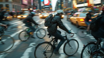 Dynamic Urban Biking Detailed photographs of urban cyclists navigating city streets frozen midride as they dodge  AI generated illustration