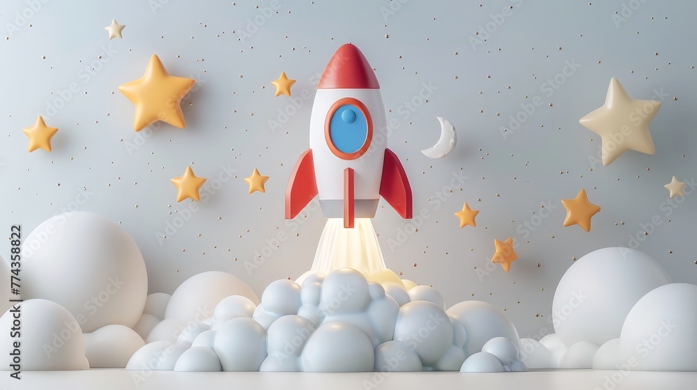 Poster a rocket is flying through the sky with a starry background. the rocket is red and white, and it is 
