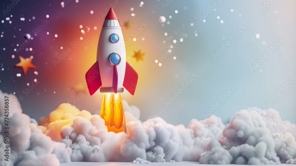 Poster a rocket is flying through the sky with stars and clouds in the background. concept of adventure and
