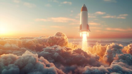 A white rocket is flying through the sky, leaving a trail of smoke behind it. The sky is filled with clouds, and the sun is setting in the background, creating a warm and peaceful atmosphere