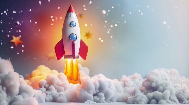 A rocket is flying through the sky with stars and clouds in the background. Concept of adventure and exploration, as the rocket soars through the vast expanse of space