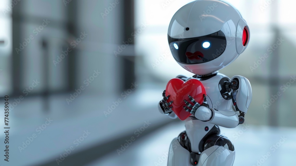 Poster a robot is holding a heart in its hand. the robot is white and has a red heart on its chest. the rob
