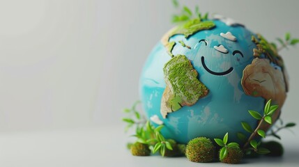 Fototapeta premium A happy earth with green leaves and a smiling face. The earth is surrounded by plants and has a positive, cheerful vibe