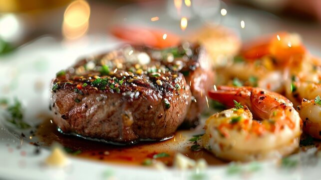 Elegant Entrees Professional captures of elegant entrees delivered for special occasions such as perfectly cooked steaks succulent seafood AI generated illustration