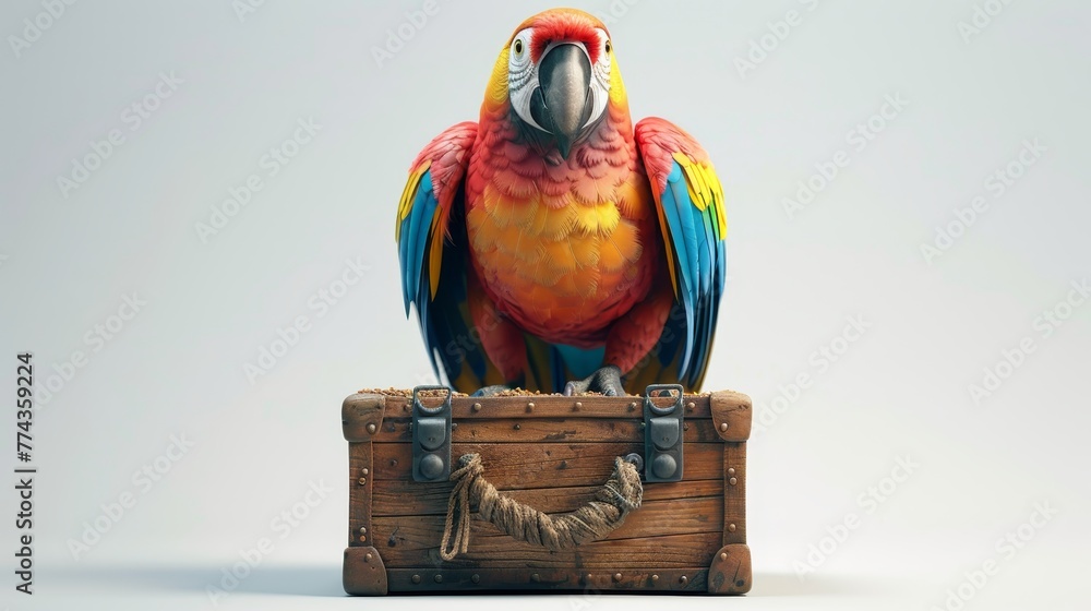 Poster a colorful parrot is perched on top of a wooden trunk. the trunk is open and has a rope tied to it. 