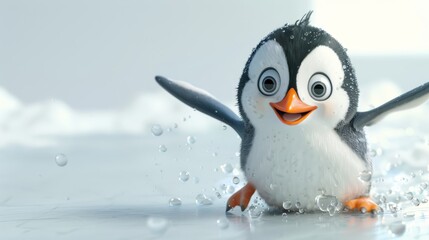 Fototapeta premium A penguin is playing in the water, with a splash of water on the ground. The penguin is happy and enjoying the moment