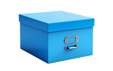 A blue box with a charming handle on a pristine white backdrop