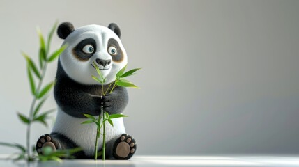 A cartoon panda bear is holding a green bamboo stalk. The bear is smiling and he is happy - obrazy, fototapety, plakaty