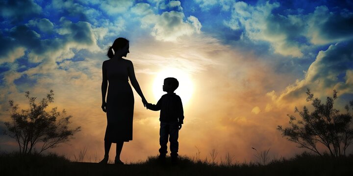 a silhouette of a mother and child holding hands and a sunset background