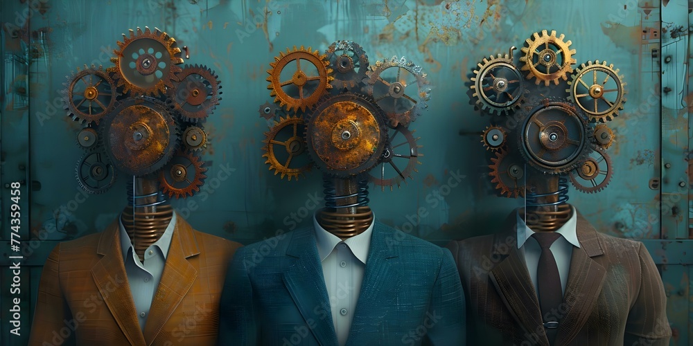 Poster visual representation of teamwork and productivity: d animation of office workers with gear heads. c
