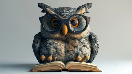 A cartoon owl wearing glasses is sitting on an open book. The owl appears to be reading the book, and the scene conveys a sense of curiosity and intelligence - obrazy, fototapety, plakaty