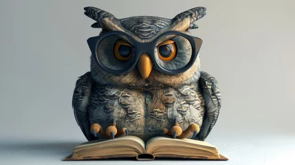 Photo sur Plexiglas Dessins animés de hibou A cartoon owl wearing glasses is sitting on an open book. The owl appears to be reading the book, and the scene conveys a sense of curiosity and intelligence