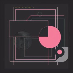retro futuristic square poster in Y2K style made in minimalistic style on black background with geometric shapes, retro color palette
